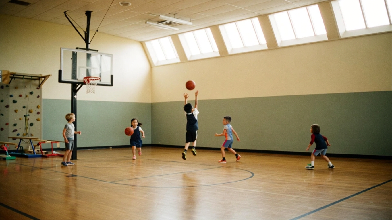 Children playing basketball and climbing in the indoor gym