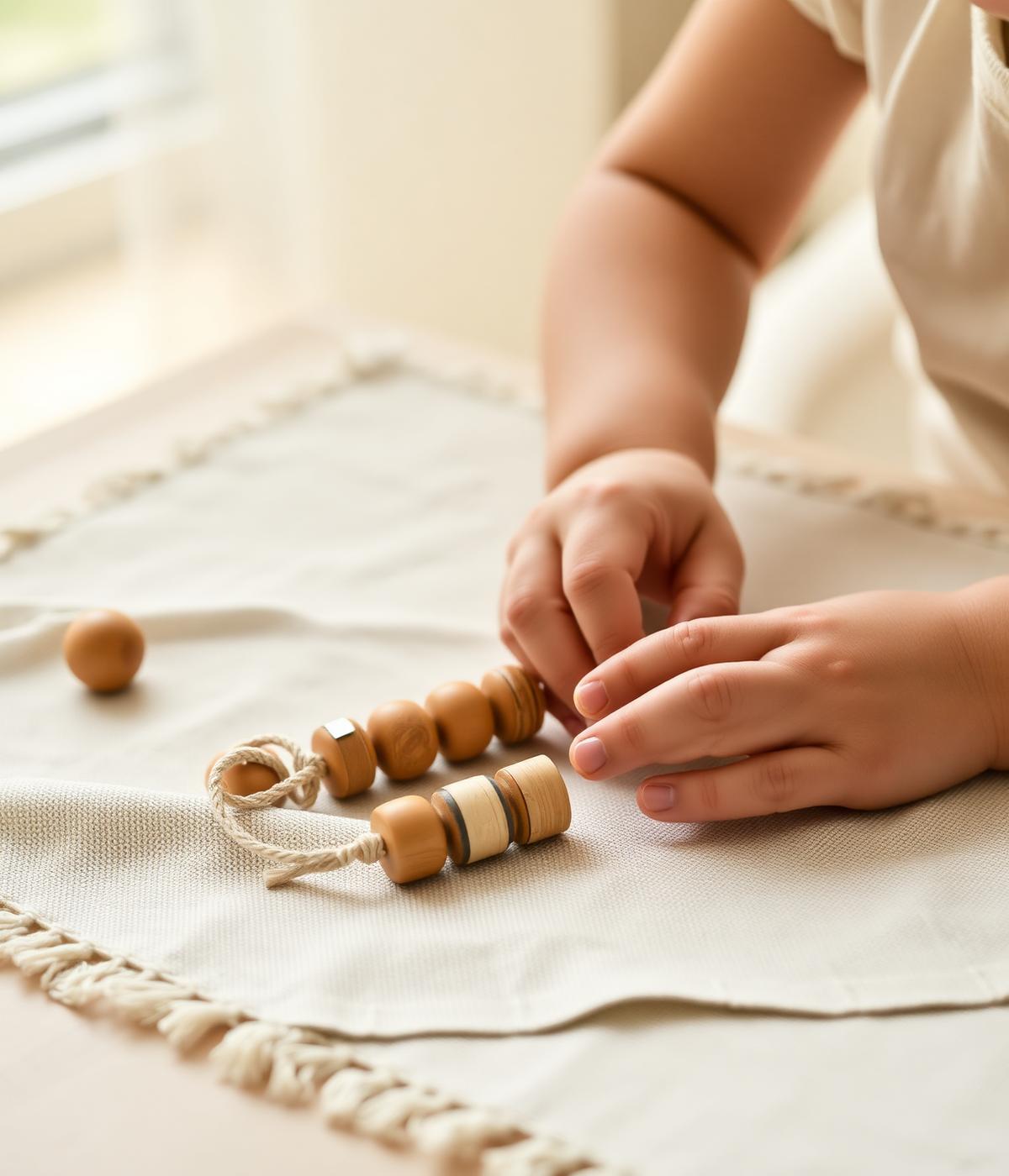 A Montessori shelf with wooden math and sensorial materials