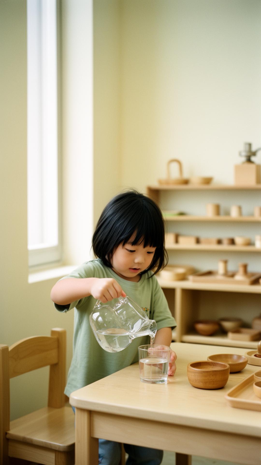 A child carefully pouring water in a Montessori practical-life lesson